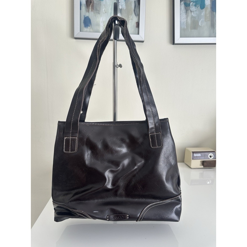 Nine & Co by Nine West Brown Faux Leather Shoulder‎ Tote Bag Double Strap